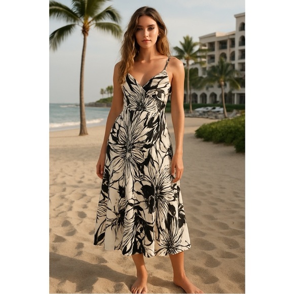 Jams World Women’s Floral Hibiscus Print Fit and Flare Midi Dress Resortwear, XS - Picture 1 of 11